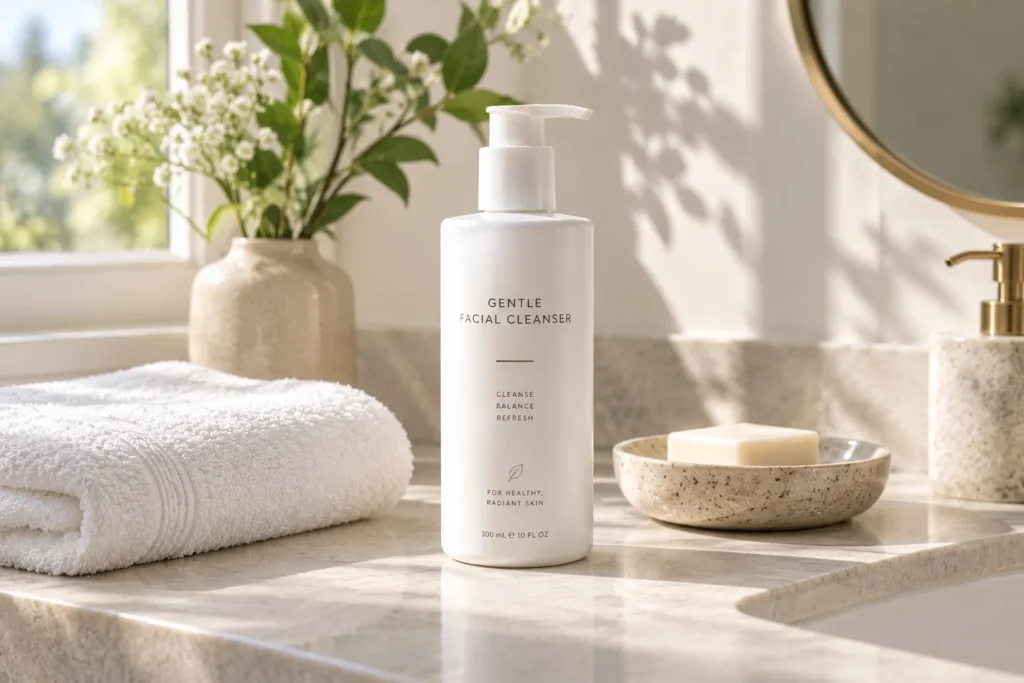 10 Dermatologist Tested Beauty Picks Worth Trying 2 Minimal bathroom counter with gentle fragrance free facial cleanser bottle