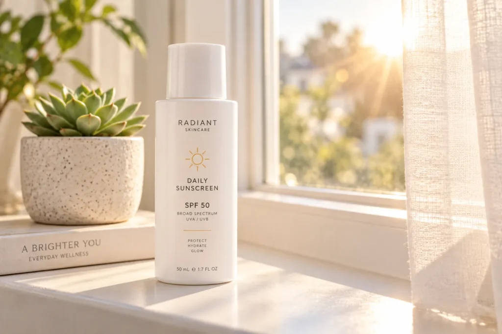 10 Dermatologist Tested Beauty Picks Worth Trying 4 Broad spectrum mineral sunscreen bottle on a sunny windowsill