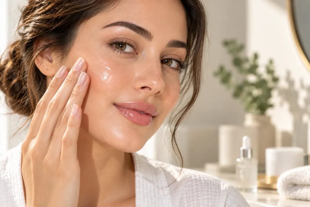 10 Dermatologist Tested Beauty Picks Worth Trying 6 Woman applying hyaluronic acid serum to cheek for hydration