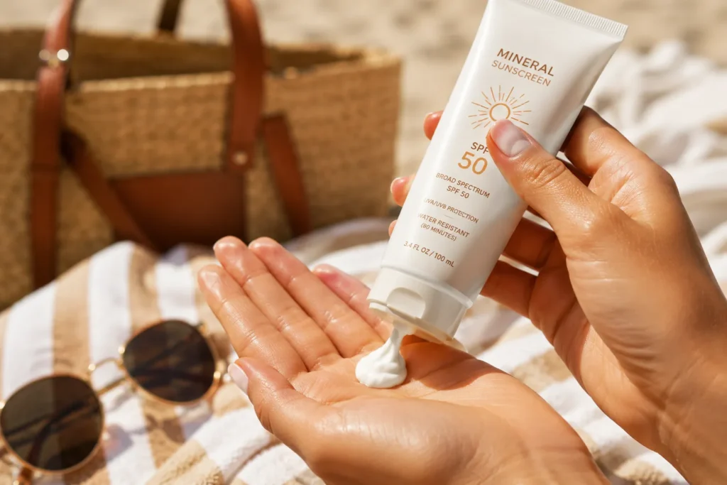 10 Beach Skincare Must-Haves for Healthy Summer Skin 2 Hand squeezing mineral sunscreen with beach bag in background