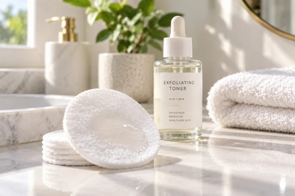 10 Dermatologist Tested Beauty Picks Worth Trying 8 Cotton pad with gentle chemical exfoliant on bathroom counter