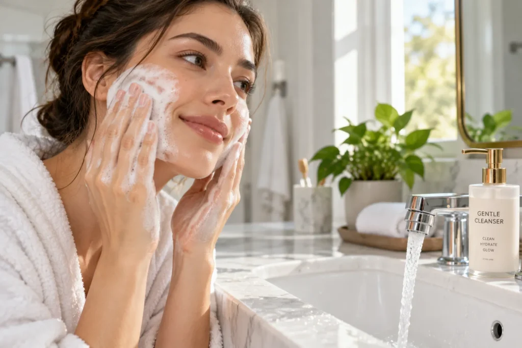 10 Quick Guide Tips You Need to Know Today 2 Woman gently cleansing her face with fingertips at a bathroom sink