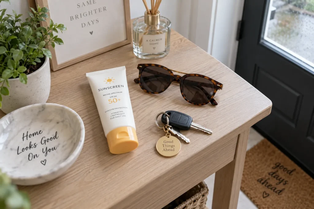 10 Quick Guide Tips You Need to Know Today 4 Sunscreen tube placed by keys and sunglasses near a front door