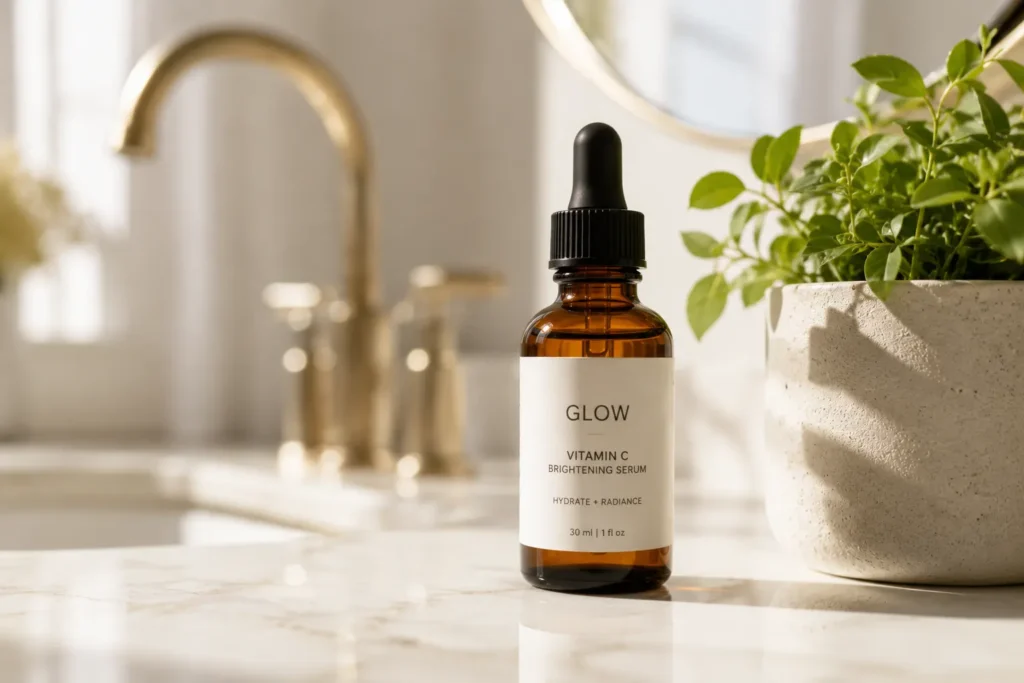 10 Skin Protection Secrets for a Youthful Glow 4 Vitamin C serum bottle on a marble bathroom counter