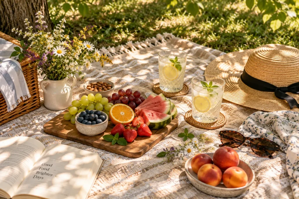 10 Refreshing Ways for Enjoying the Sun Outdoors 4 Picnic blanket with fruit and drinks set up in dappled shade