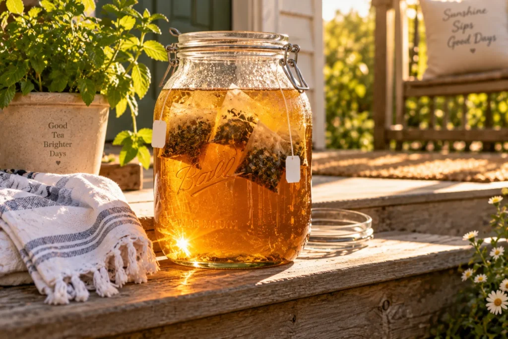 10 Refreshing Ways for Enjoying the Sun Outdoors 6 Glass jar of homemade sun tea steeping on a porch step