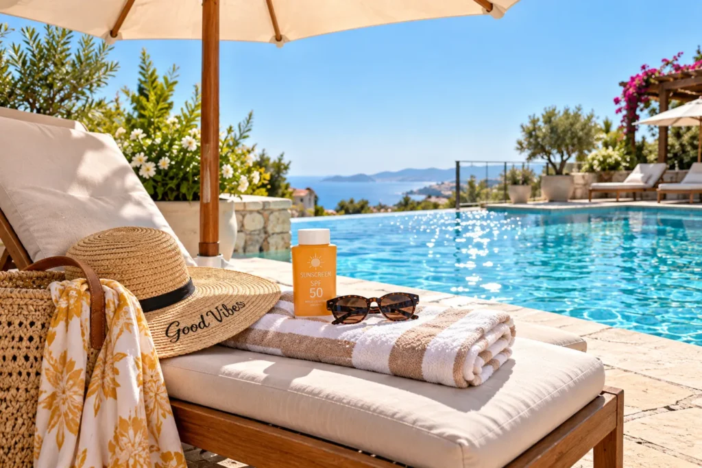 10 Refreshing Ways for Enjoying the Sun Outdoors 8 Poolside lounge chair under umbrella with sunscreen bottle nearby