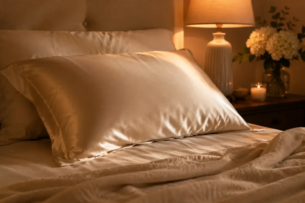 10 Skin Protection Secrets for a Youthful Glow 6 Silk pillowcase on a bed to help reduce fine lines from sleep