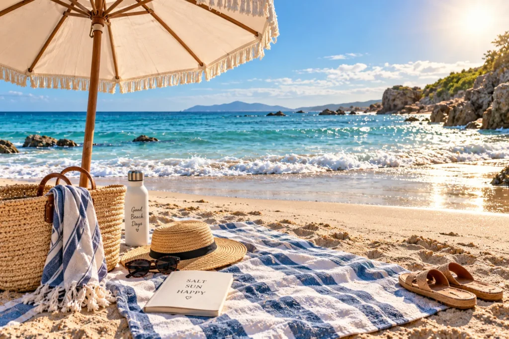 10 Refreshing Ways for Enjoying the Sun Outdoors 10 Beach umbrella and towel set up near the ocean shoreline