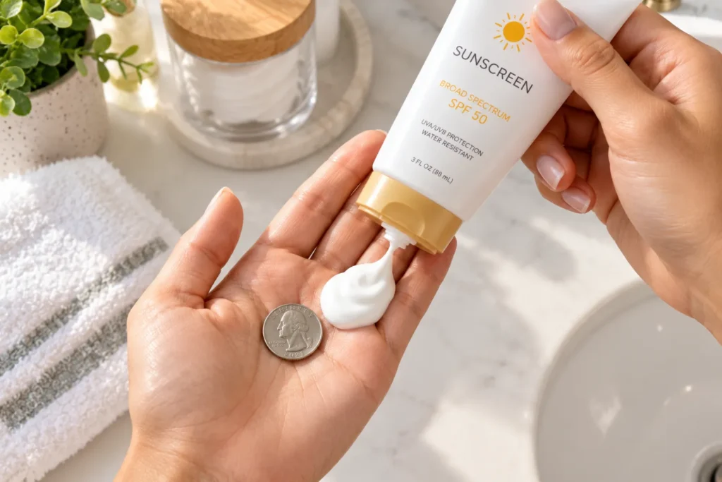 10 Broad Spectrum Sunscreen Mistakes to Avoid 2 Hand squeezing a generous amount of sunscreen for proper coverage