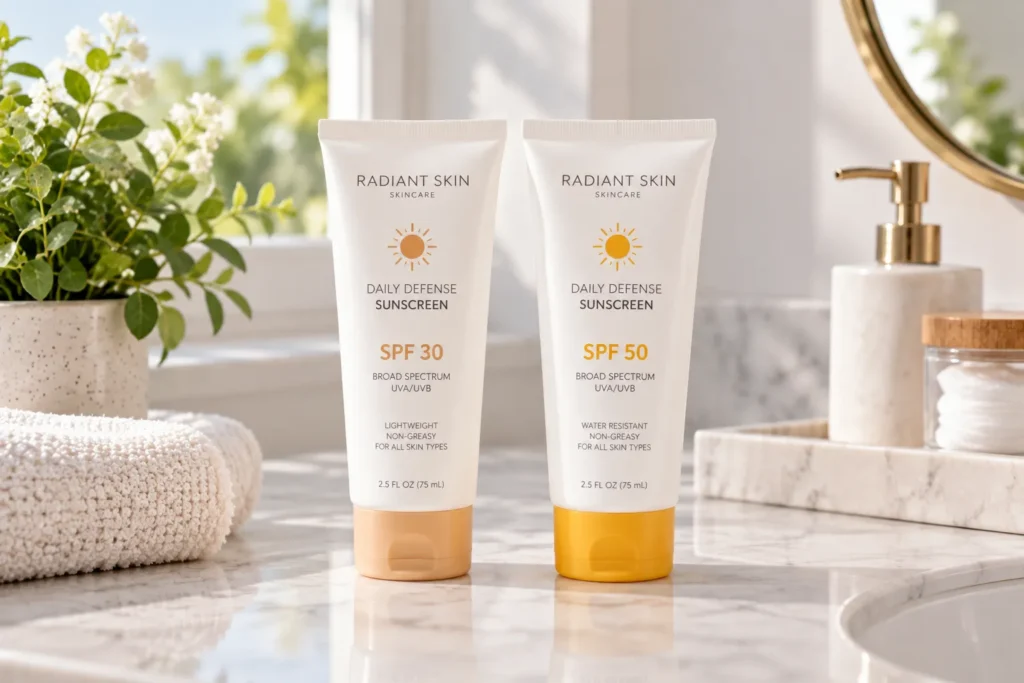 10 Broad Spectrum Sunscreen Mistakes to Avoid 6 Two sunscreen bottles showing different SPF levels for daily and outdoor use