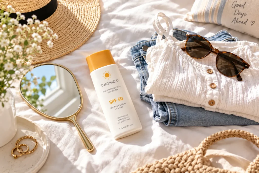 10 Broad Spectrum Sunscreen Mistakes to Avoid 8 Morning routine flat lay with sunscreen applied before getting dressed
