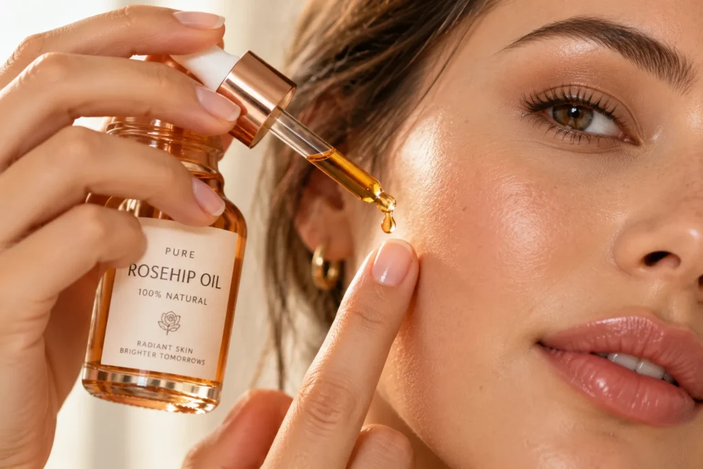 10 Healing Oils That Boost Your Beauty Routine Fast 2 Rosehip oil dropper bottle being applied to dry cheek skin