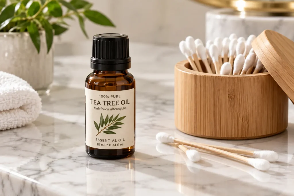 10 Healing Oils That Boost Your Beauty Routine Fast 4 Tea tree oil bottle with cotton swab for spot treating acne