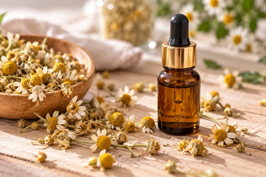 10 Healing Oils That Boost Your Beauty Routine Fast 6 Chamomile flowers next to calming oil bottle for sensitive skin