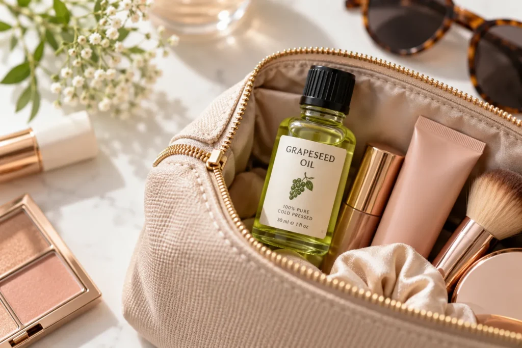 10 Healing Oils That Boost Your Beauty Routine Fast 10 Travel size grapeseed oil in makeup bag
