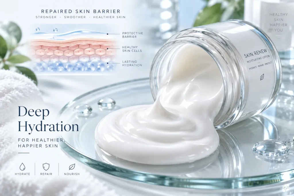10 Moisturizing Lotions for Silky, Hydrated Skin 2 Thick ceramide lotion swirl with skin barrier repair illustration overlay