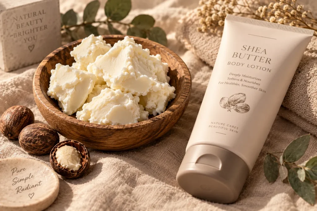 10 Moisturizing Lotions for Silky, Hydrated Skin 4 Raw shea butter in wooden bowl next to nourishing body lotion tube