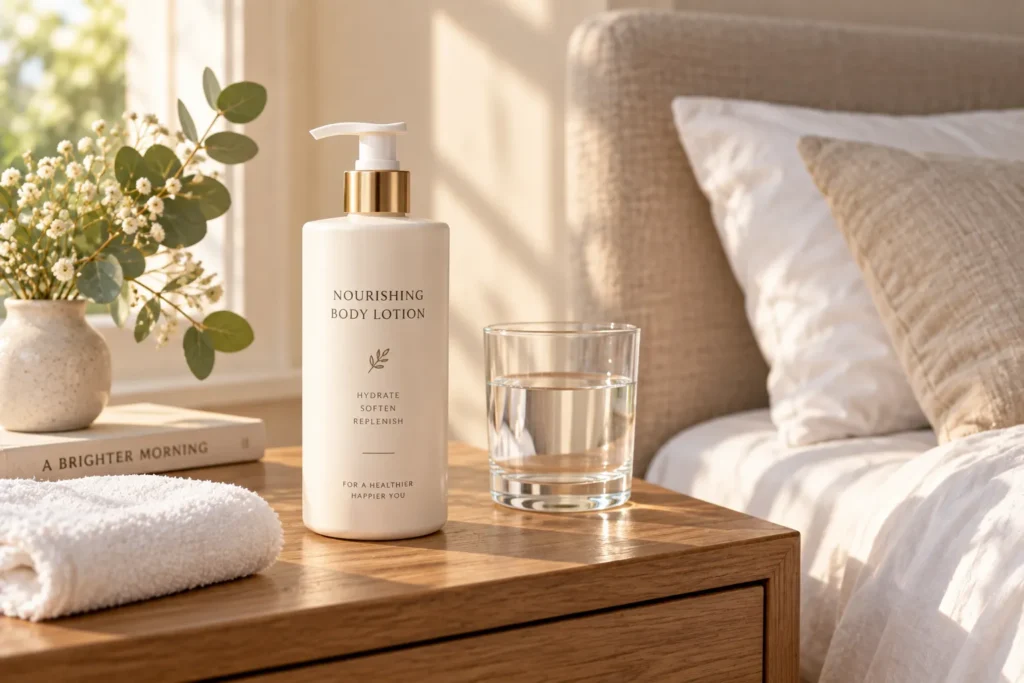 10 Moisturizing Lotions for Silky, Hydrated Skin 6 Simple glycerin lotion pump bottle on a wooden nightstand with water glass