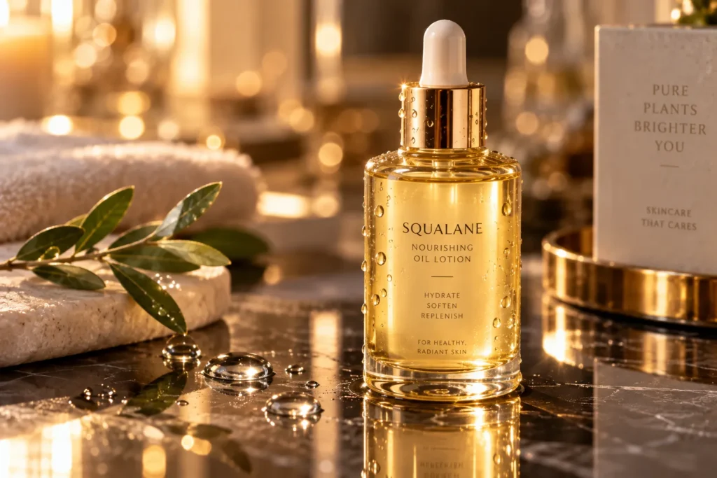 10 Moisturizing Lotions for Silky, Hydrated Skin 8 Golden squalane oil lotion bottle with warm light reflections
