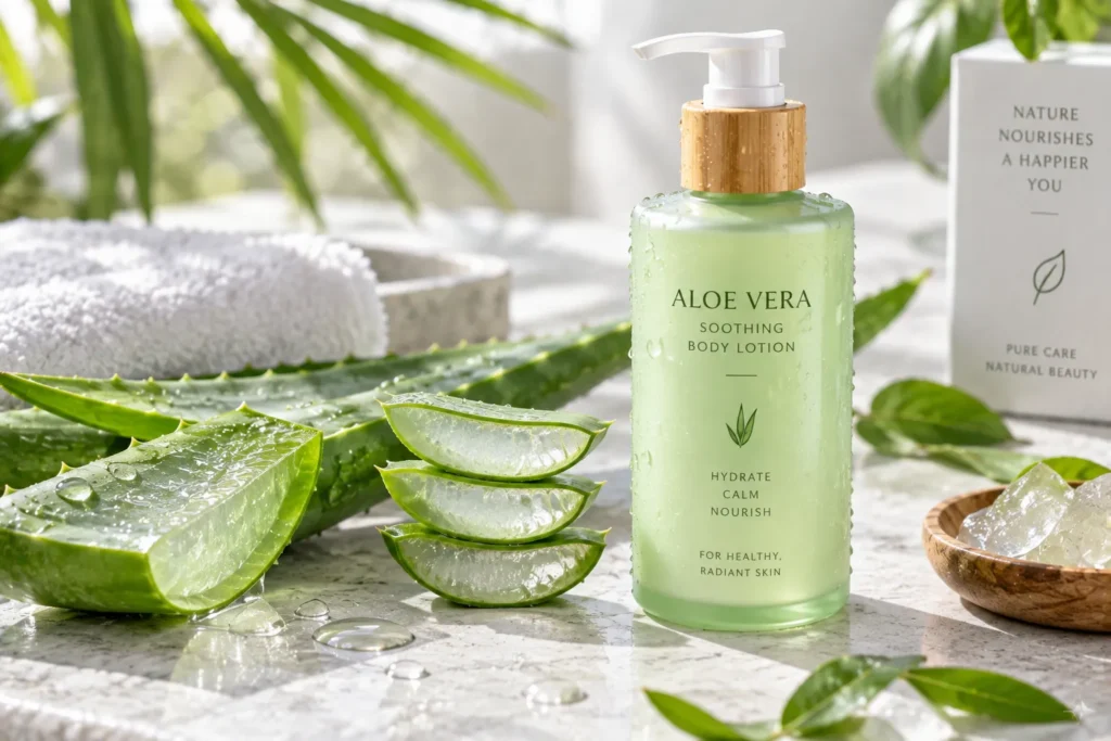 10 Moisturizing Lotions for Silky, Hydrated Skin 10 Sliced aloe vera leaf beside a light, cooling aloe lotion bottle