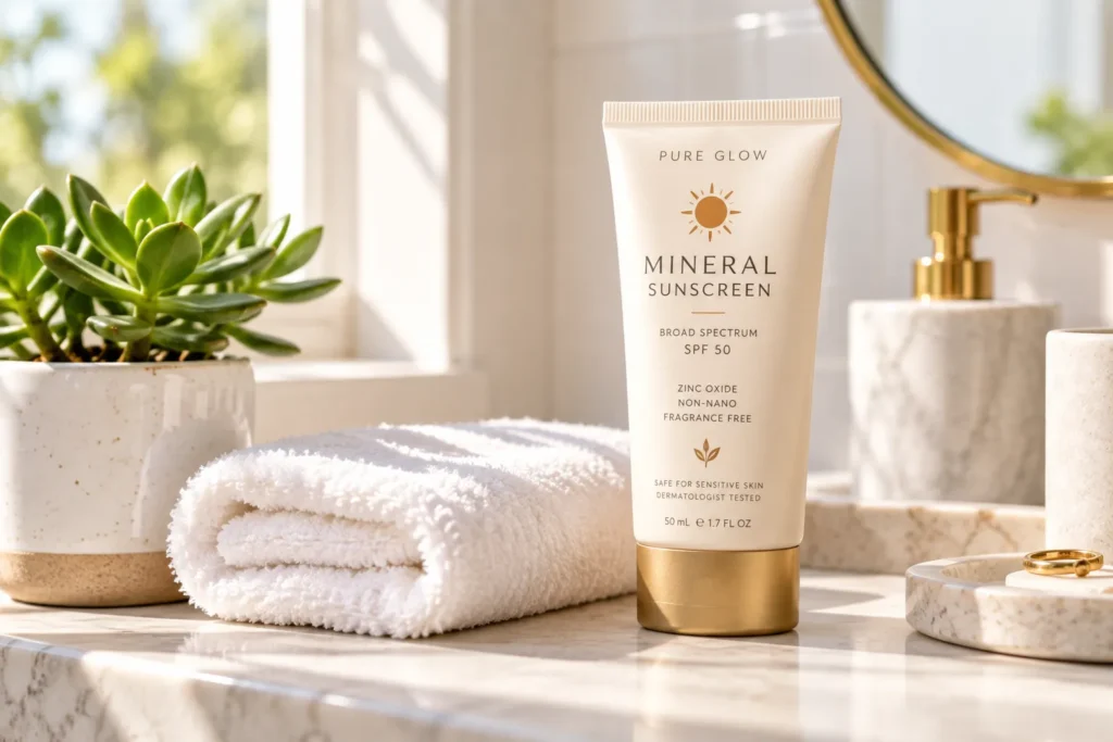 10 Best Sunscreen Brands for Everyday Skin Protection 2 Mineral sunscreen tube on a bathroom shelf with morning light
