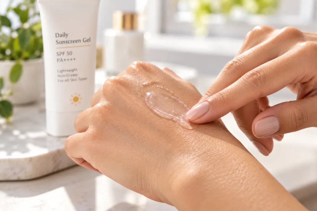 10 Best Sunscreen Brands for Everyday Skin Protection 6 Clear gel sunscreen being applied to the back of a hand