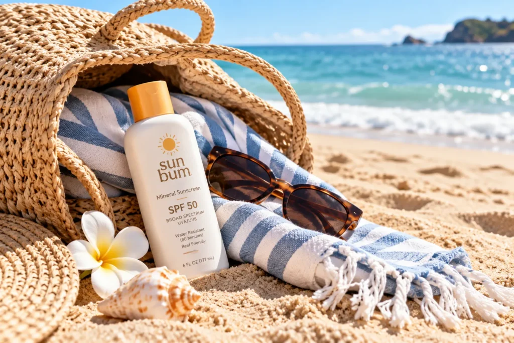 10 Best Sunscreen Brands for Everyday Skin Protection 8 Sunscreen bottle packed in a beach bag with towel and sunglasses