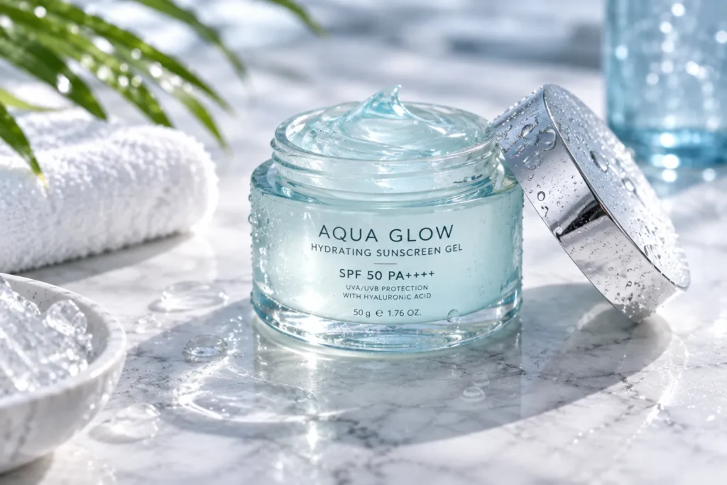 10 Best Sunscreen Brands for Everyday Skin Protection 10 Watery gel sunscreen jar with condensation on a marble surface