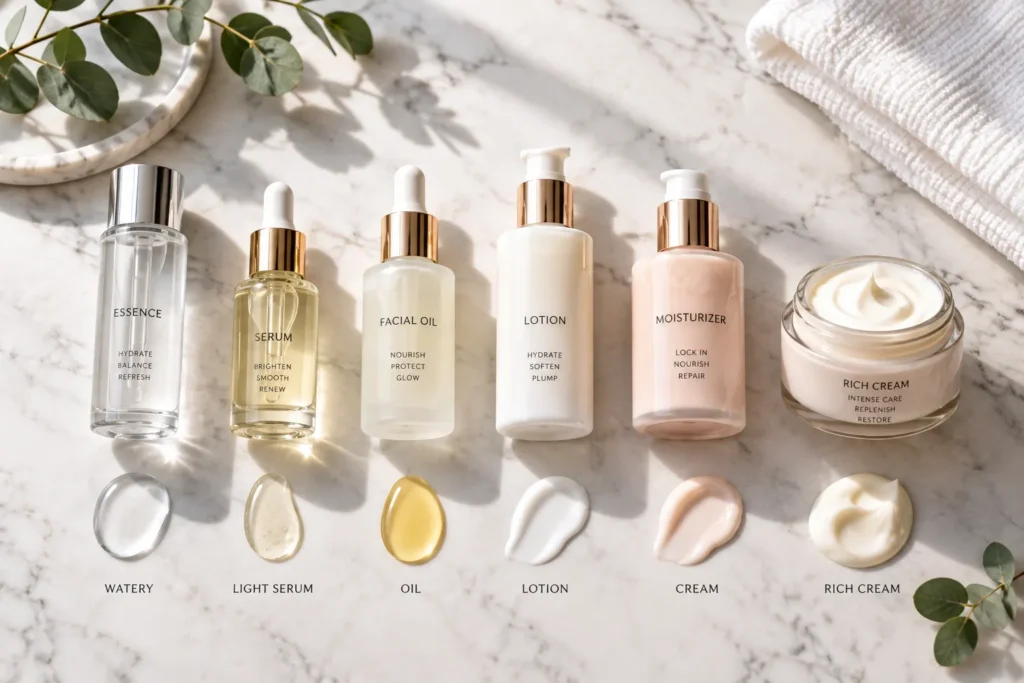 10 Cosmetic Skin Care Secrets for Healthier Skin 2 Skin care serums and creams arranged by texture for correct layering order