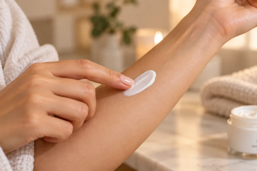 10 Cosmetic Skin Care Secrets for Healthier Skin 4 Patch testing a new skin care product on the inner forearm