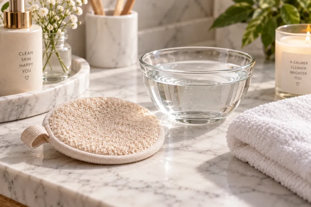 10 Cosmetic Skin Care Secrets for Healthier Skin 8 Gentle exfoliating pad beside a bowl of water for skin care routine