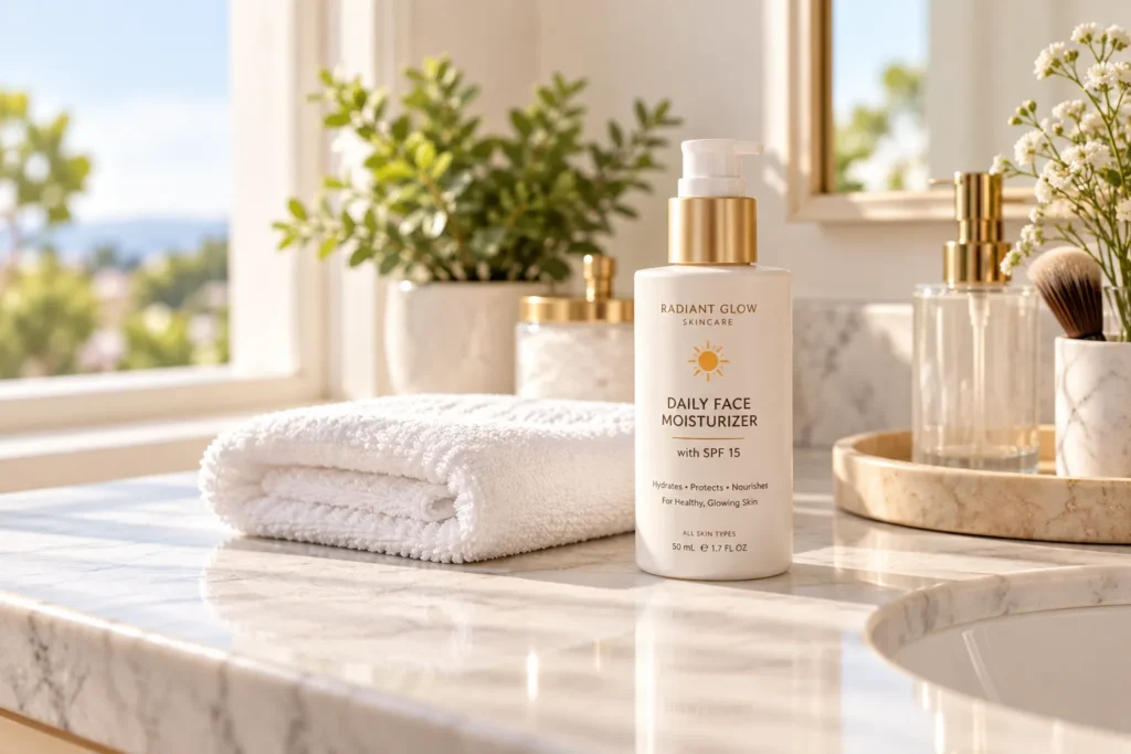 10 SPF 15 Sunscreens for Everyday Skin Protection 2 Daily face moisturizer with SPF 15 on a bathroom counter in morning light