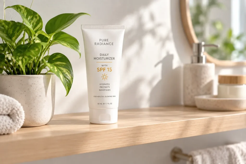 10 SPF 15 Sunscreens for Everyday Skin Protection 4 Fragrance-free SPF 15 moisturizer for sensitive skin on a bathroom shelf
