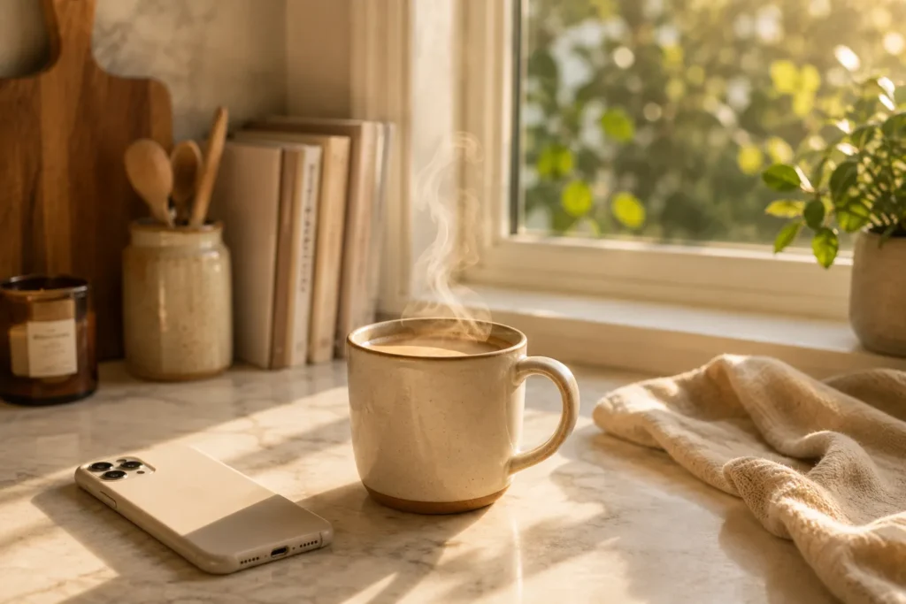 10 New Tricks That Make Everyday Life Less Stressful 2 Cozy morning coffee scene with phone face down for a slow, calm start to the day