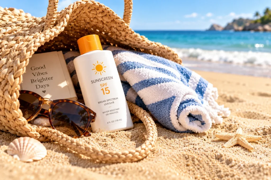 10 SPF 15 Sunscreens for Everyday Skin Protection 6 Beach bag with SPF 15 tanning sunscreen, sunglasses, and striped towel on sand