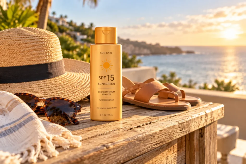 10 SPF 15 Sunscreens for Everyday Skin Protection 8 Bronzing SPF 15 sunscreen bottle next to a sun hat and sandals on a wooden deck