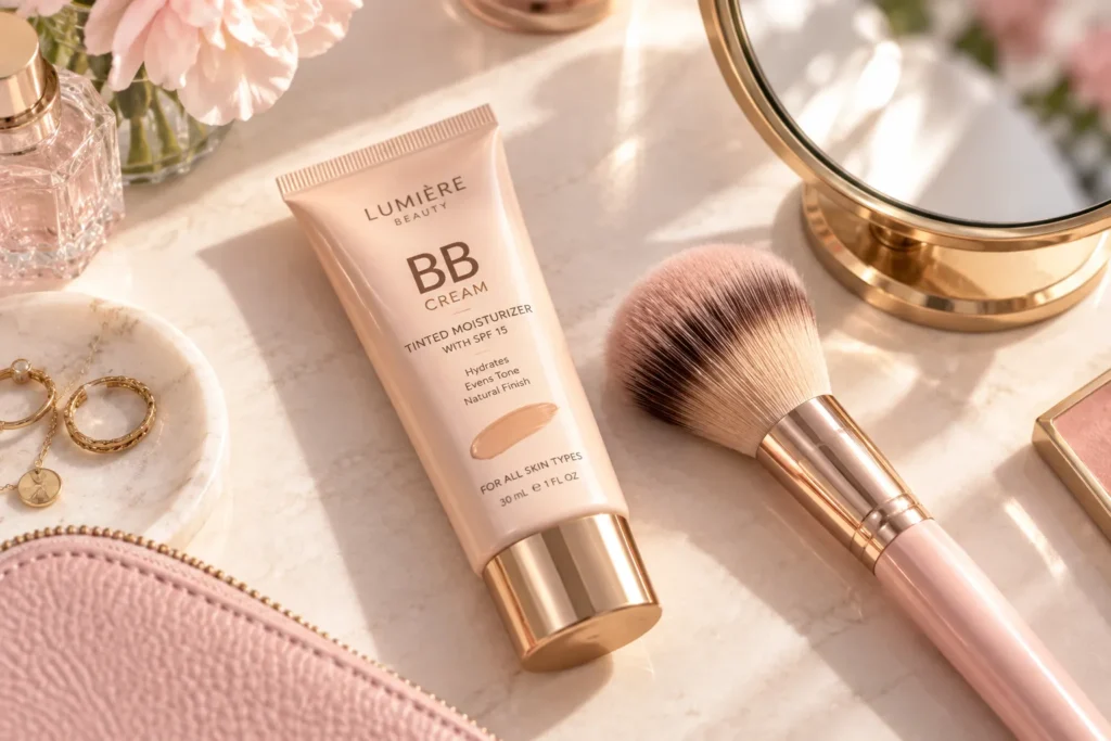 10 SPF 15 Sunscreens for Everyday Skin Protection 10 Tinted BB cream with SPF 15 next to a makeup brush on a vanity table
