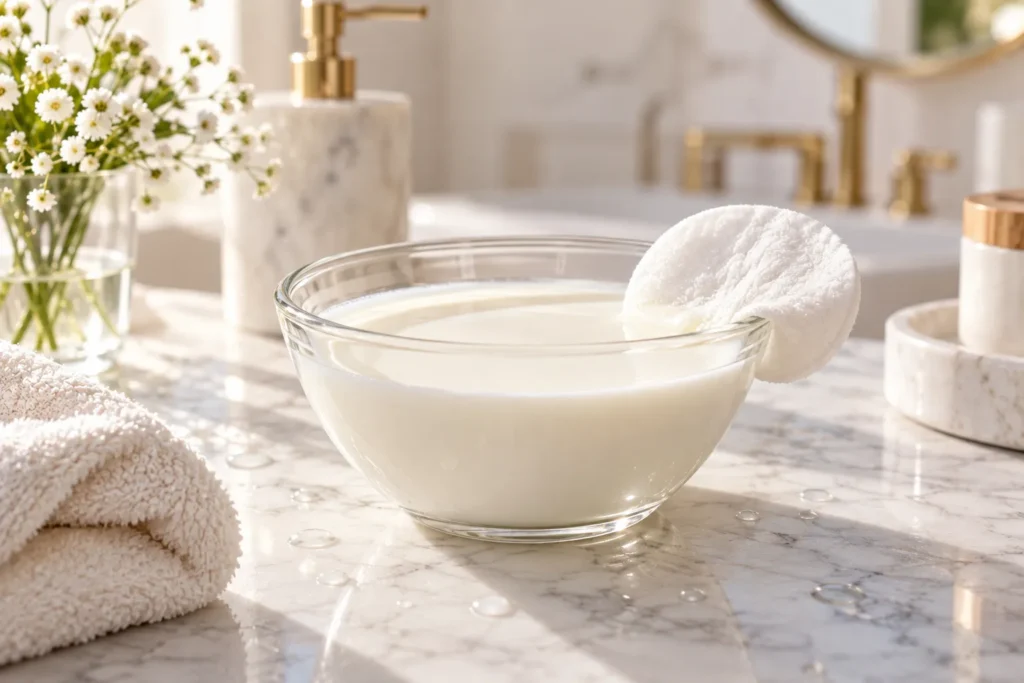 10 Milk Moisturizer Ideas for Naturally Soft Skin 2 Glass bowl of whole milk with cotton pad for gentle face cleansing