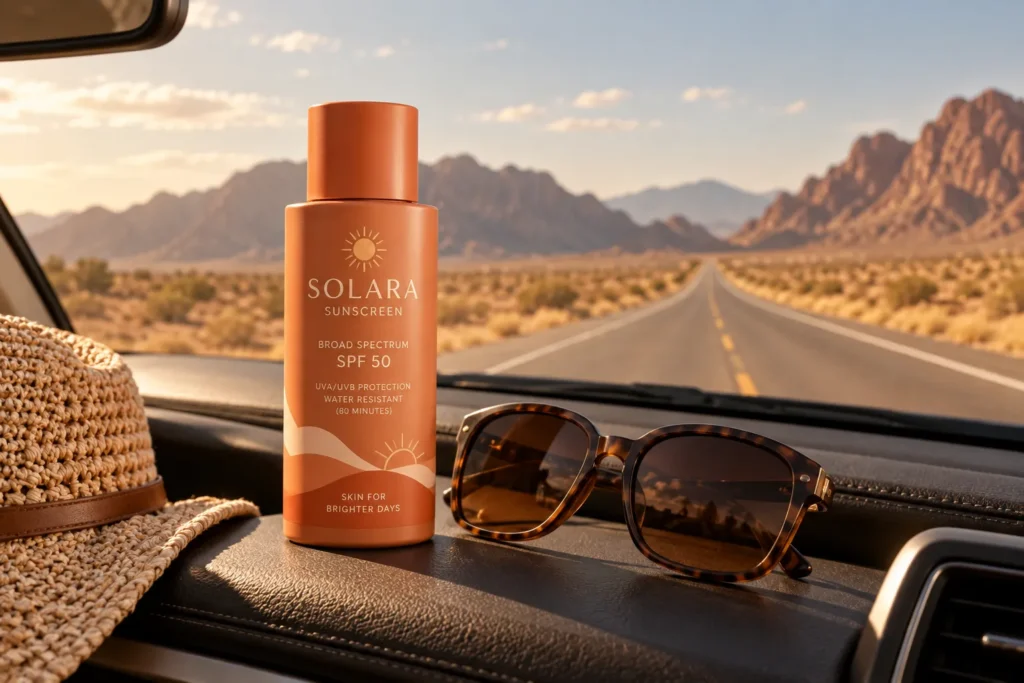 10 Vacation Sunscreen Branding Ideas That Stand Out 2 Sunscreen bottle on car dashboard with desert road visible through windshield