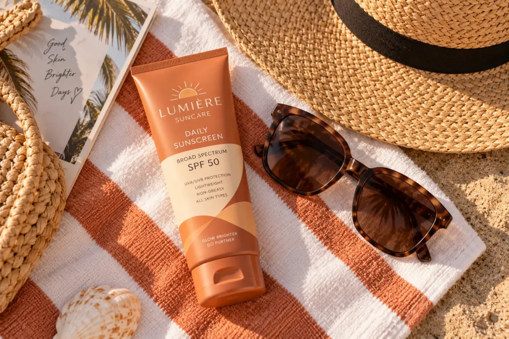 10 Vacation Sunscreen Branding Ideas That Stand Out 4 Sunscreen bottle on striped beach towel next to sunglasses and straw hat