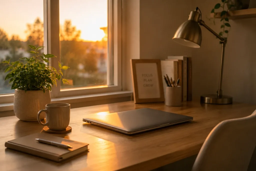 10 New Tricks That Make Everyday Life Less Stressful 4 Closed laptop on a tidy desk at evening light, marking the end of the workday
