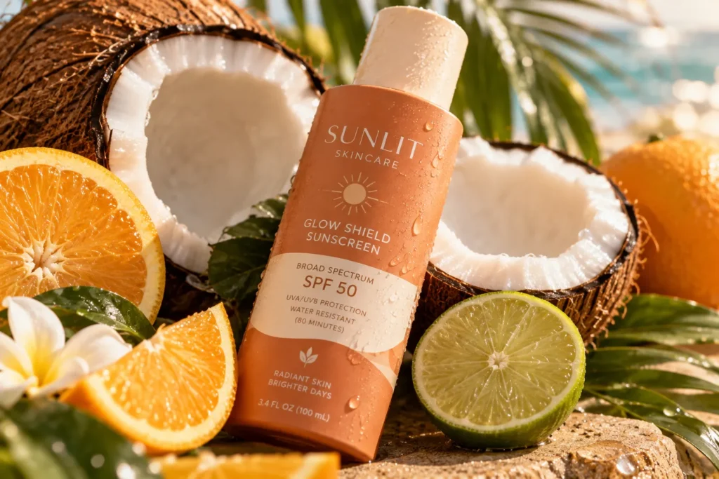 10 Vacation Sunscreen Branding Ideas That Stand Out 6 Close up of sunscreen bottle with coconut and citrus fruit styling