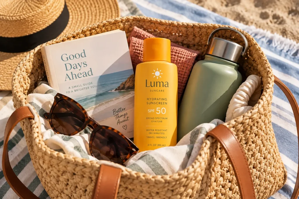 10 Vacation Sunscreen Branding Ideas That Stand Out 8 Sunscreen bottle inside open beach bag with sunglasses, book, and water bottle
