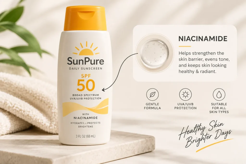 10 Vacation Sunscreen Branding Ideas That Stand Out 10 Sunscreen bottle with simple ingredient callout graphic overlay