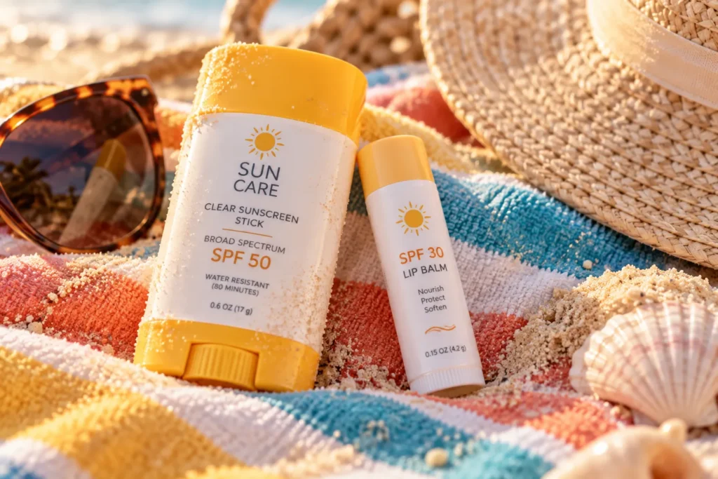 10 Beach Skin Care Tips for Sun-Kissed Skin 4 Stick sunscreen and SPF lip balm on a striped beach towel