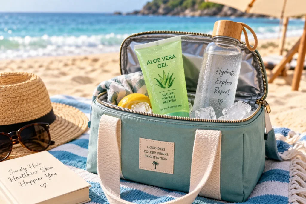 10 Beach Skin Care Tips for Sun-Kissed Skin 8 Small cooler bag with aloe gel and water bottle at the beach