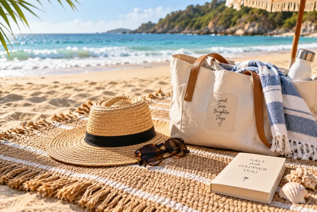 10 Beach Skin Care Tips for Sun-Kissed Skin 10 Thick woven beach mat with a hat and beach bag resting on sand