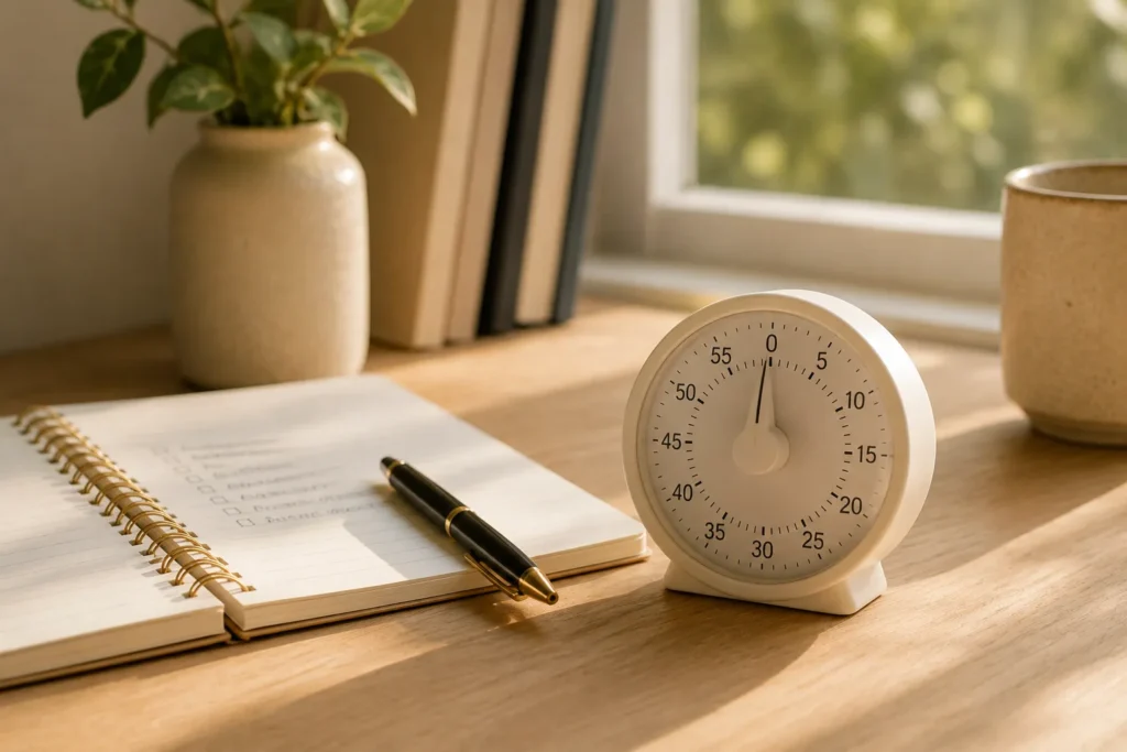10 New Tricks That Make Everyday Life Less Stressful 6 Kitchen timer on a desk used for distraction free focused work sessions