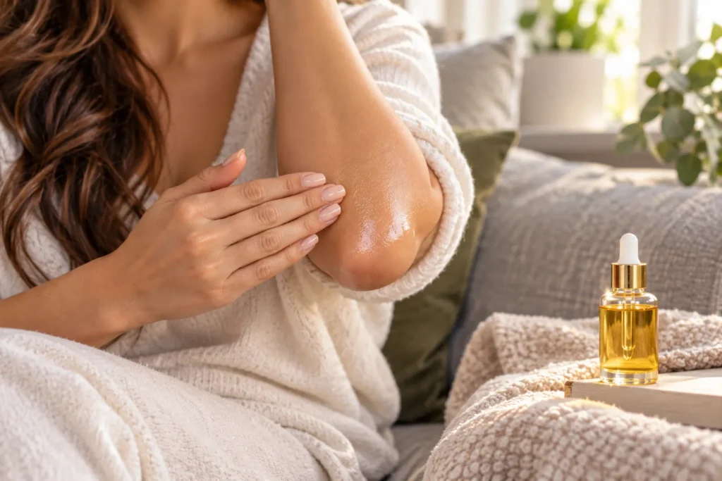 10 Simple Clover Oil Tips for Your Everyday Self-Care 4 Close-up of hands massaging clover oil into a dry elbow at home